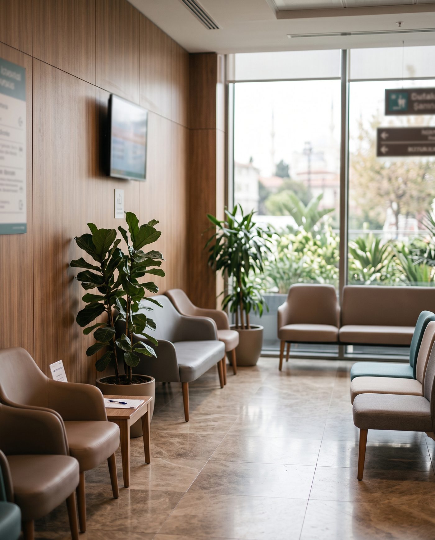 A calm hospital waiting area in Istanbul